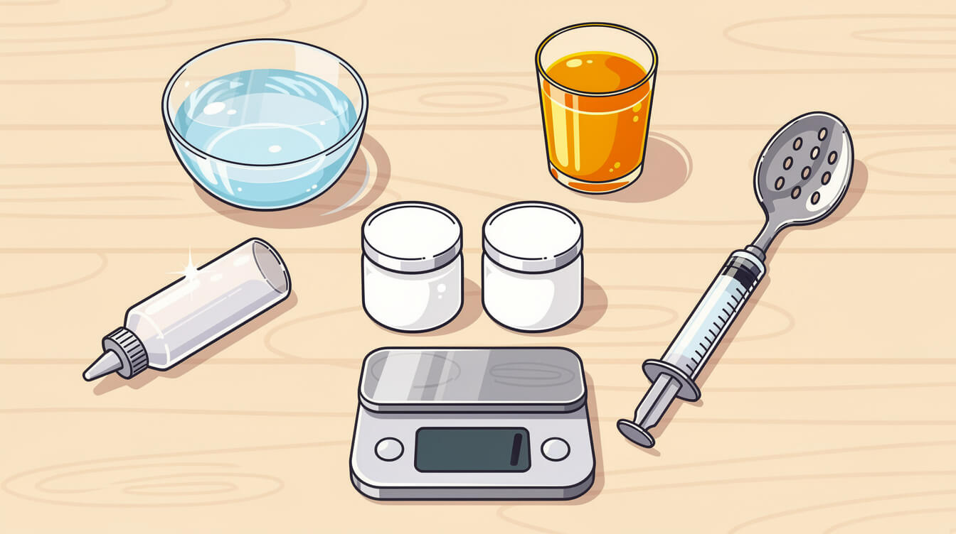Popping boba ingredients and tools: powders, scale, squeeze bottle, syringe, slotted spoon and juice