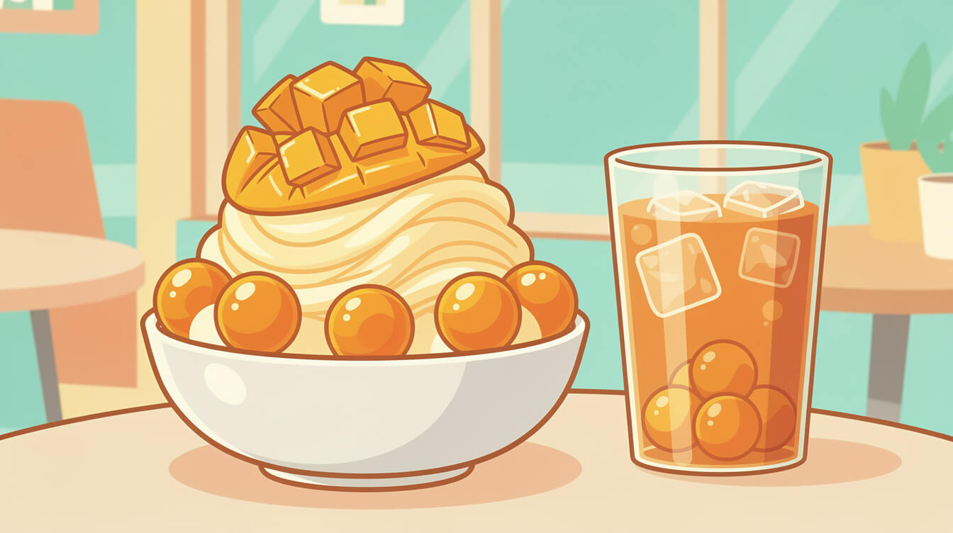 Taiwanese snowflake shaved ice topped with mango and popping boba next to an iced fruit tea