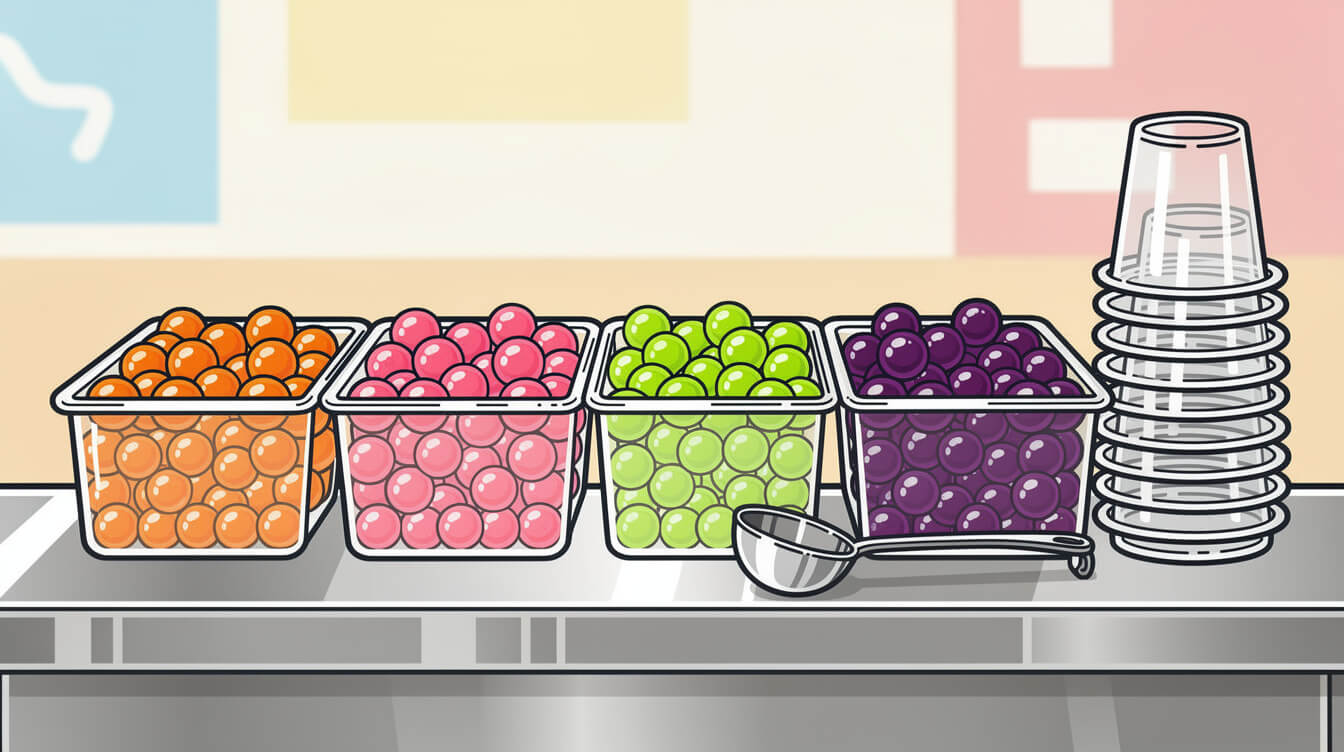 Tubs of colorful popping pearls in syrup on a bubble tea shop counter