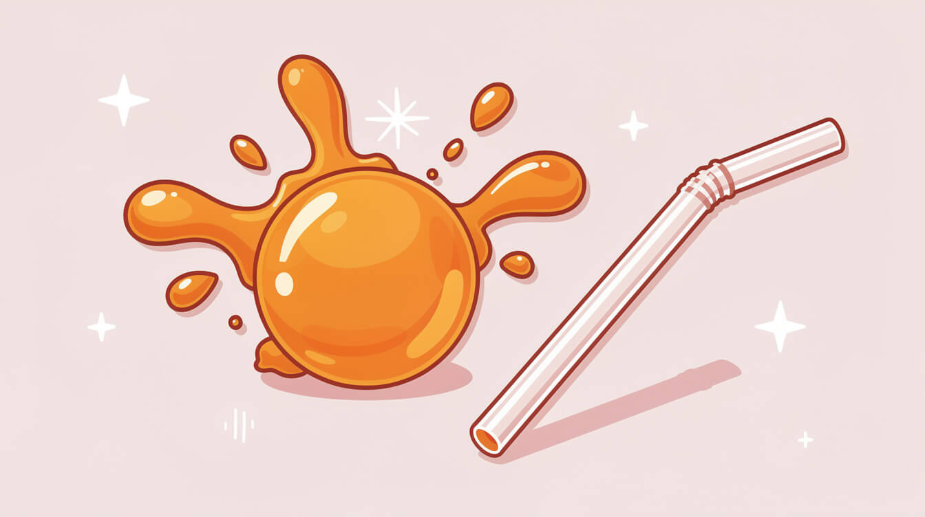 A juice-filled popping boba sphere bursting next to a bubble tea straw
