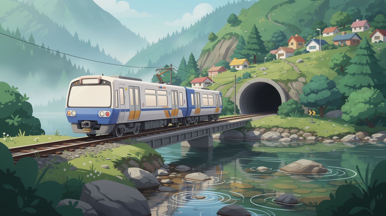 一列小型平溪線通勤列車蜿蜒穿過綠意盎然的河谷。