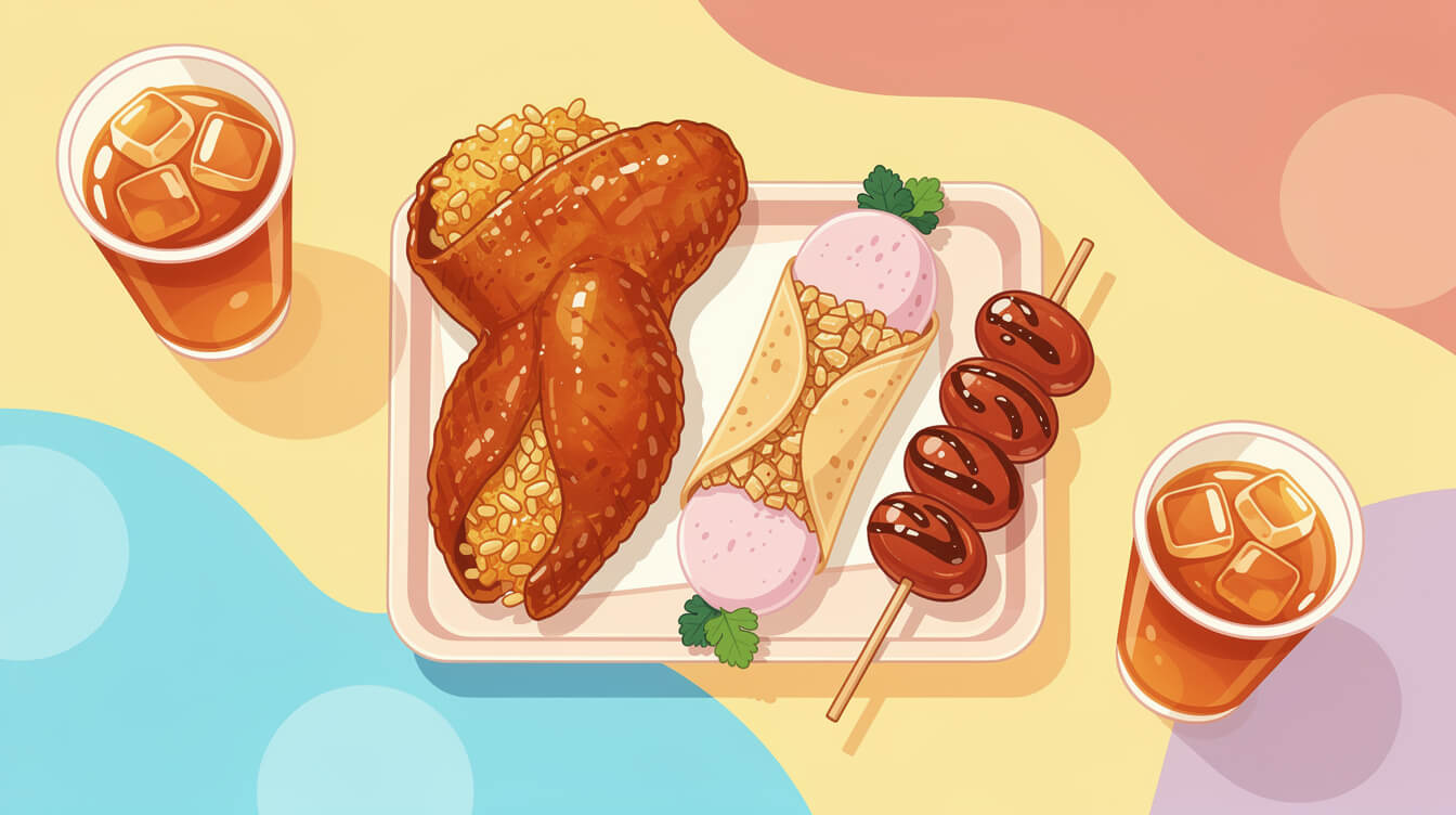 台灣老街小吃,包括釀雞翅和花生冰淇淋卷