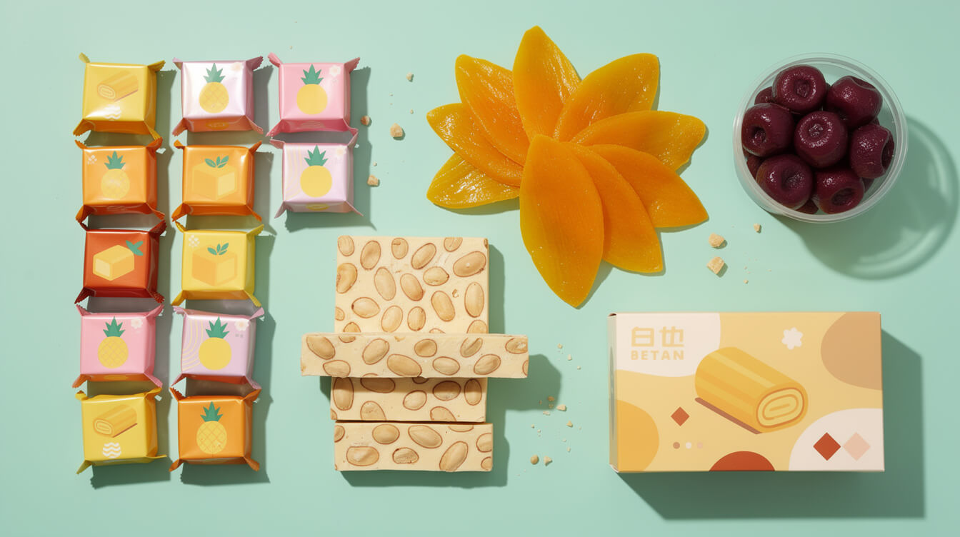 Taiwanese sweets laid out for packing in a care package