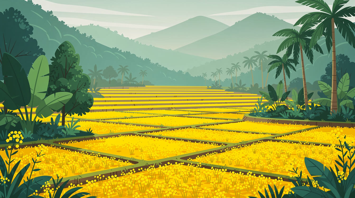 Yellow rapeseed flower fields on fallow rice paddies in the Taiwan countryside in winter