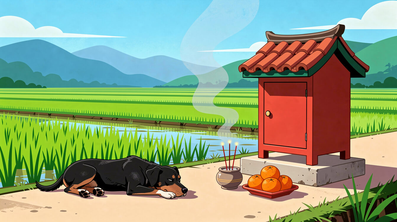 Small earth god shrine with incense beside a rice paddy and a resting village dog in the Taiwan countryside