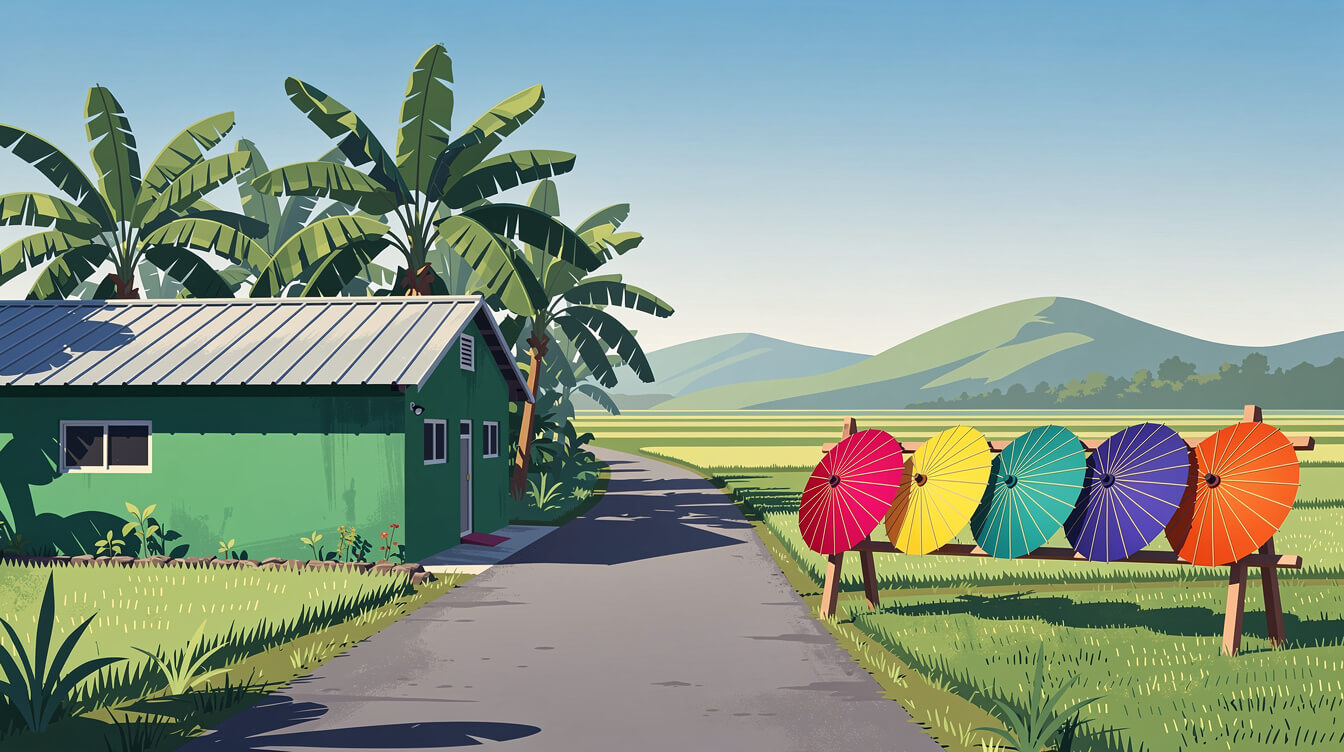 Colorful oil-paper umbrellas drying beside a rural lane in Meinong, southern Taiwan