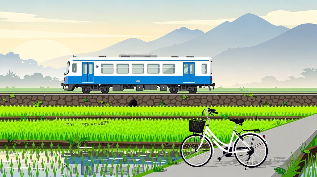 Local train crossing rice paddies with a rental bicycle on a farm path in the Taiwan countryside