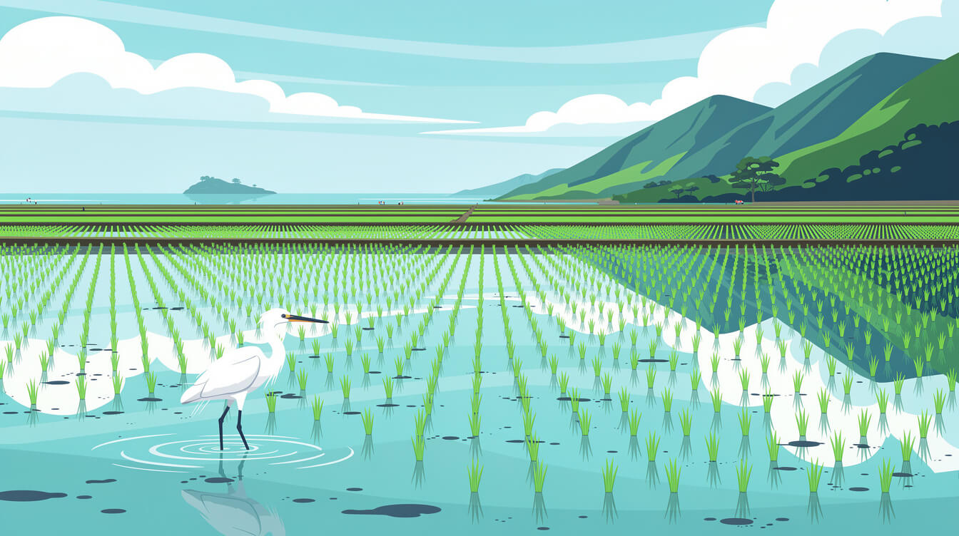 Flooded spring rice fields on the Yilan plain, Taiwan countryside reflecting green mountains