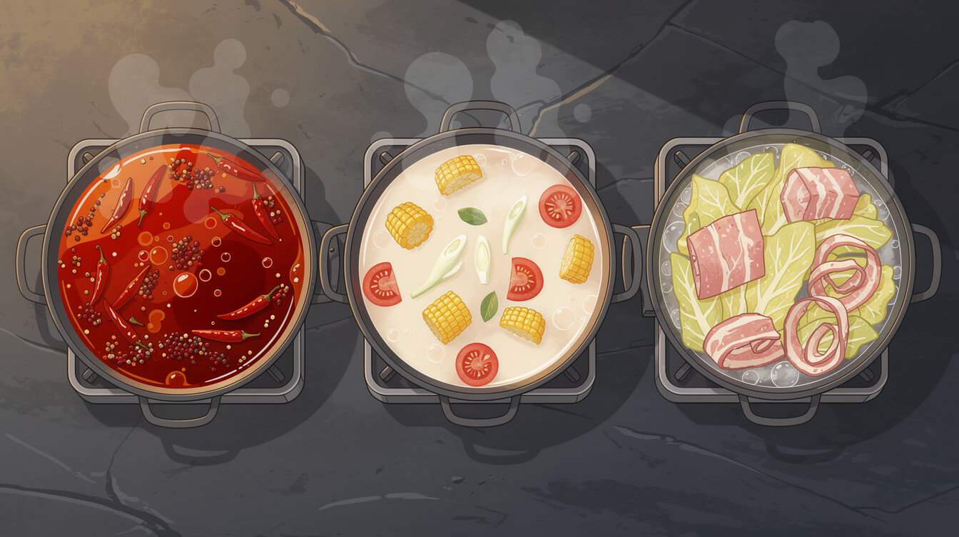 Three Taiwanese hot pot broths side by side: mala, pork bone and pickled cabbage