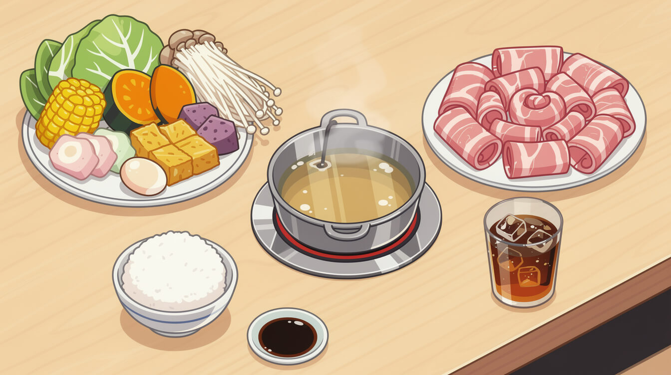 Taiwan hot pot solo set with a vegetable platter, sliced pork, rice and iced tea