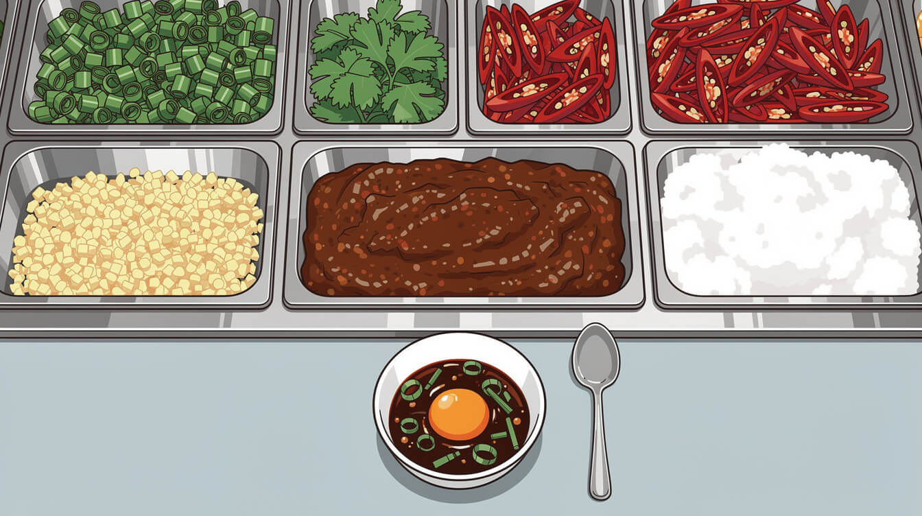 Taiwan hot pot sauce bar with shacha, scallions, garlic and a raw egg yolk