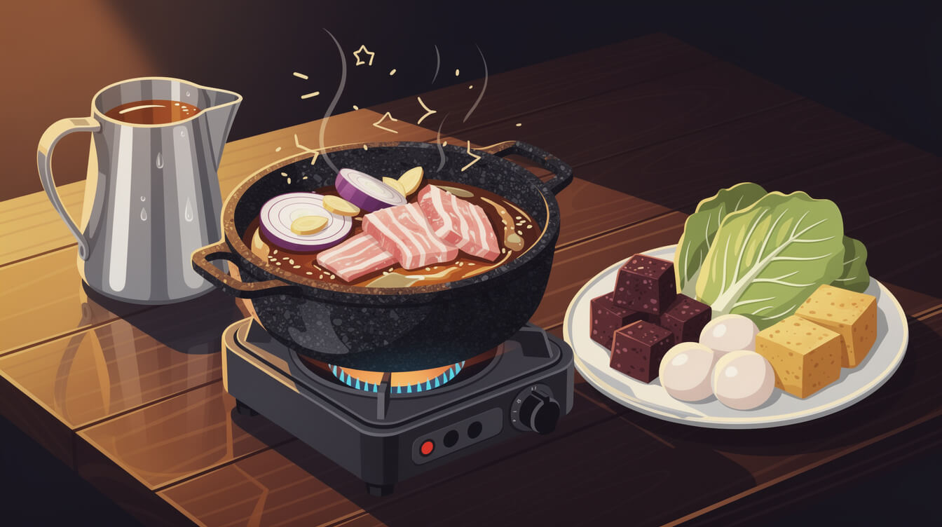 Taiwanese stone hot pot with onion, ginger and pork sizzling before the broth goes in