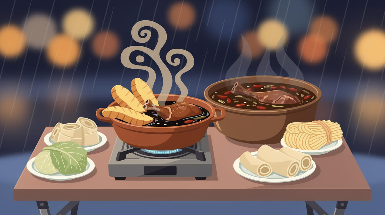 Ginger duck and mutton hot pot clay pots on a rainy winter night in Taiwan