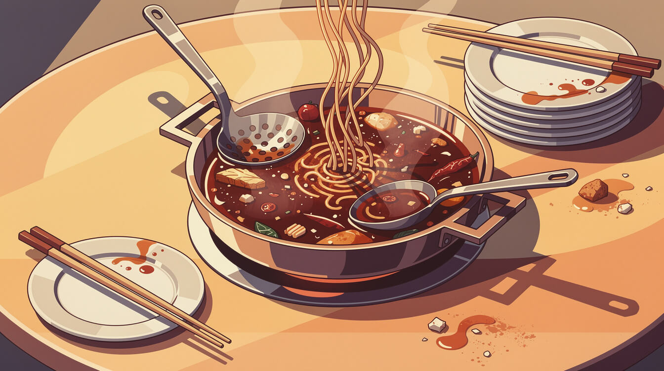 Noodles going into the leftover broth at the end of a Taiwanese hot pot meal