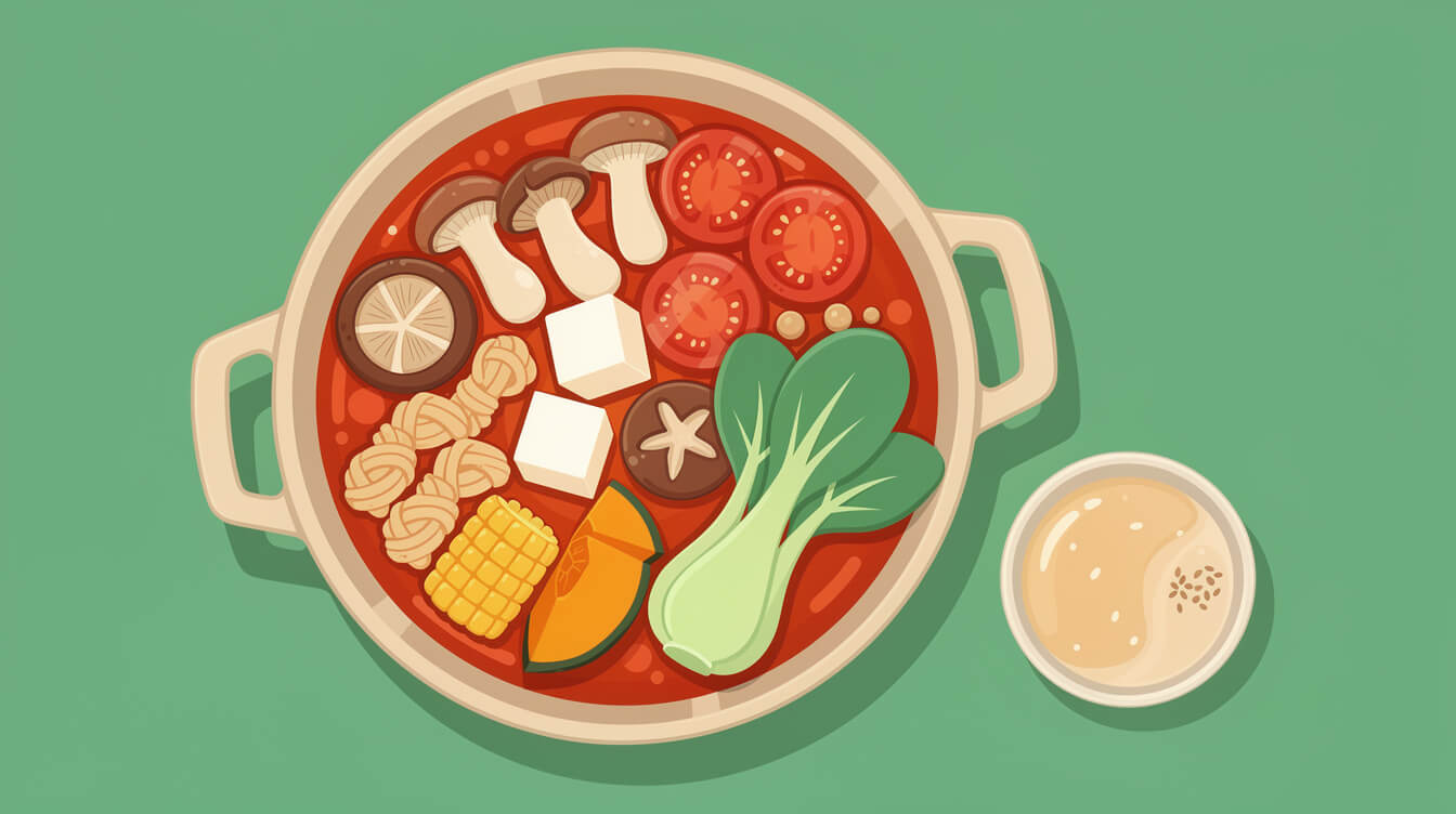 Vegetarian Taiwanese hot pot with tomato broth, mushrooms, tofu and corn