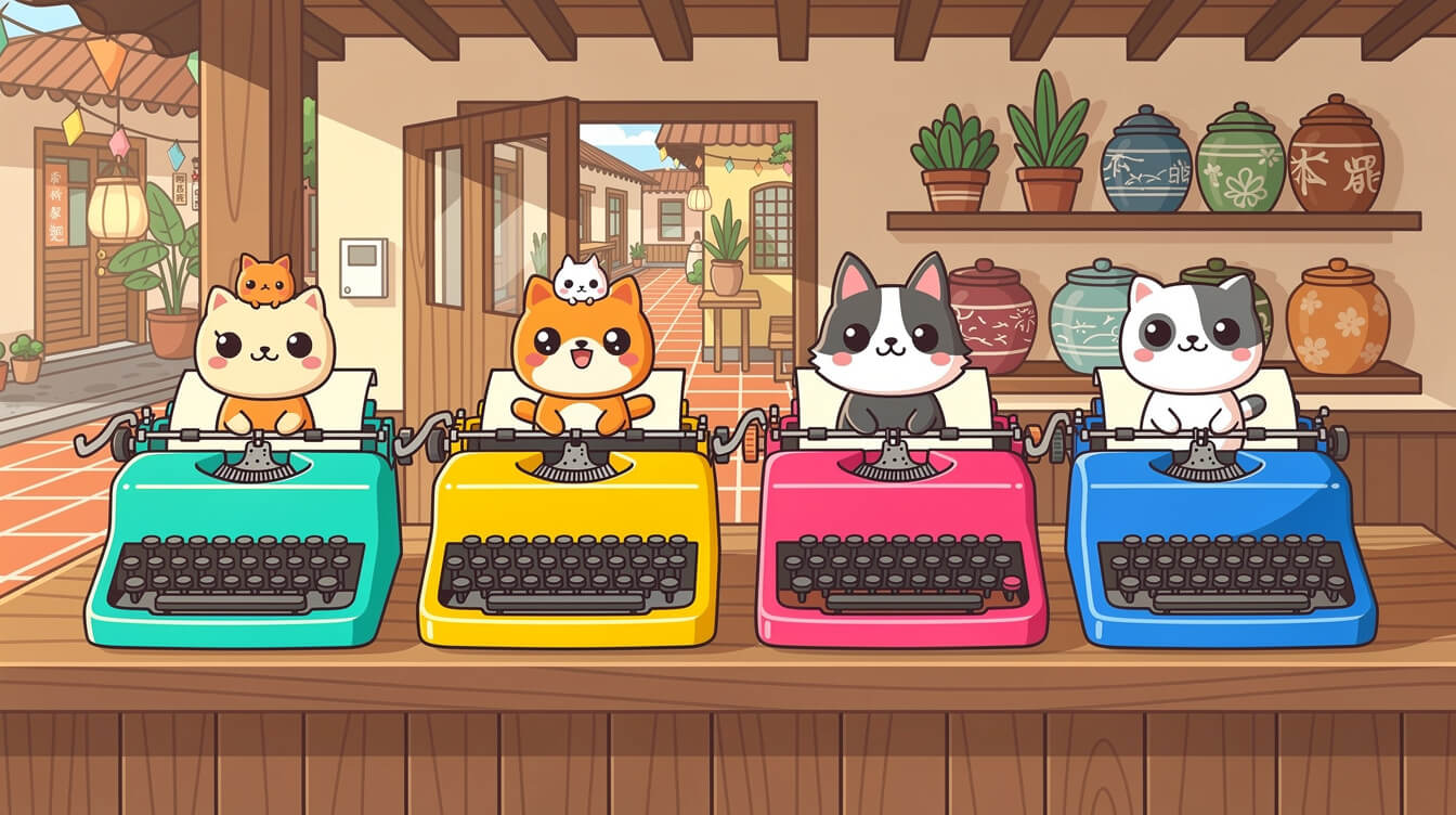 Four vintage typewriters representing four romanisation systems