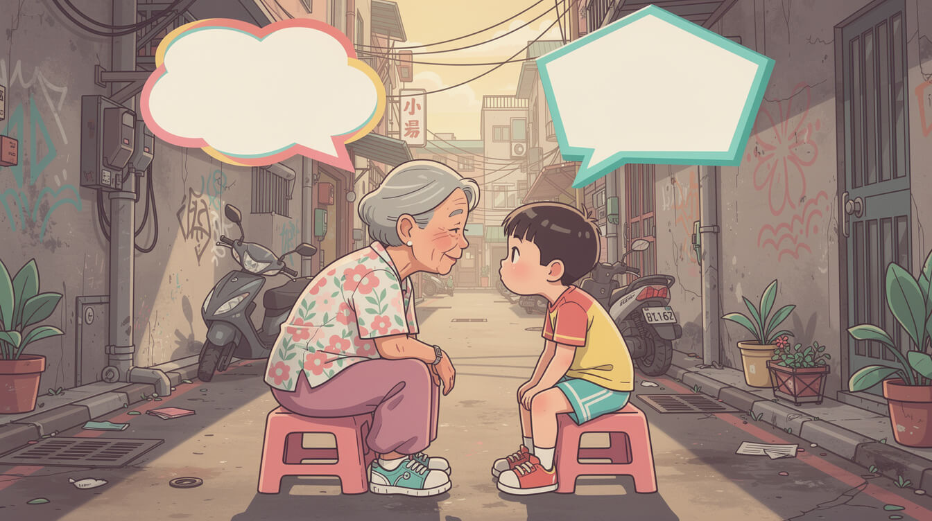 Taiwanese grandmother and grandchild with two speech bubbles