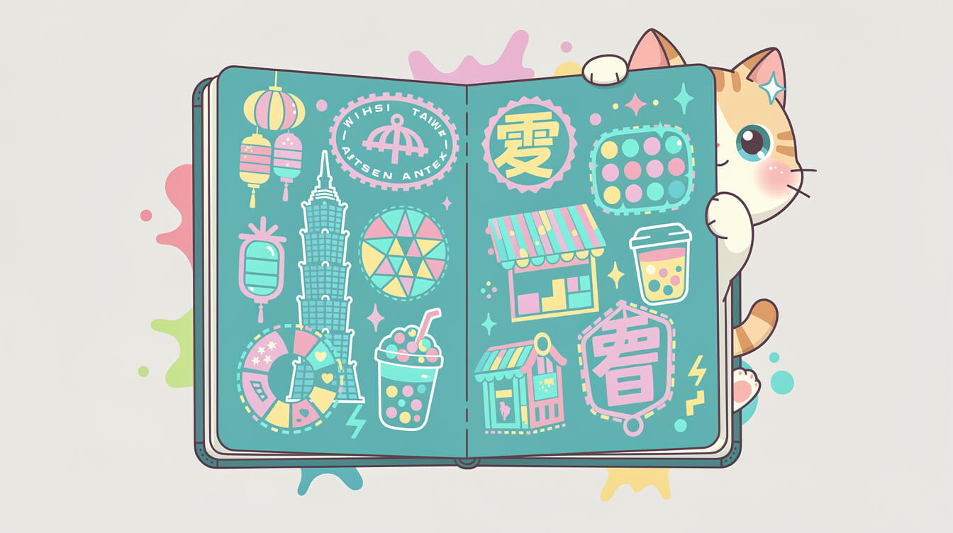Taiwanese passport with ink stamps and a cat character