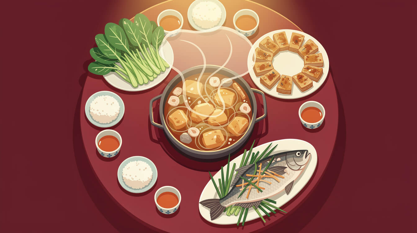 俯視圖：台灣團圓飯桌上擺放著火鍋、整條魚和長芥菜。