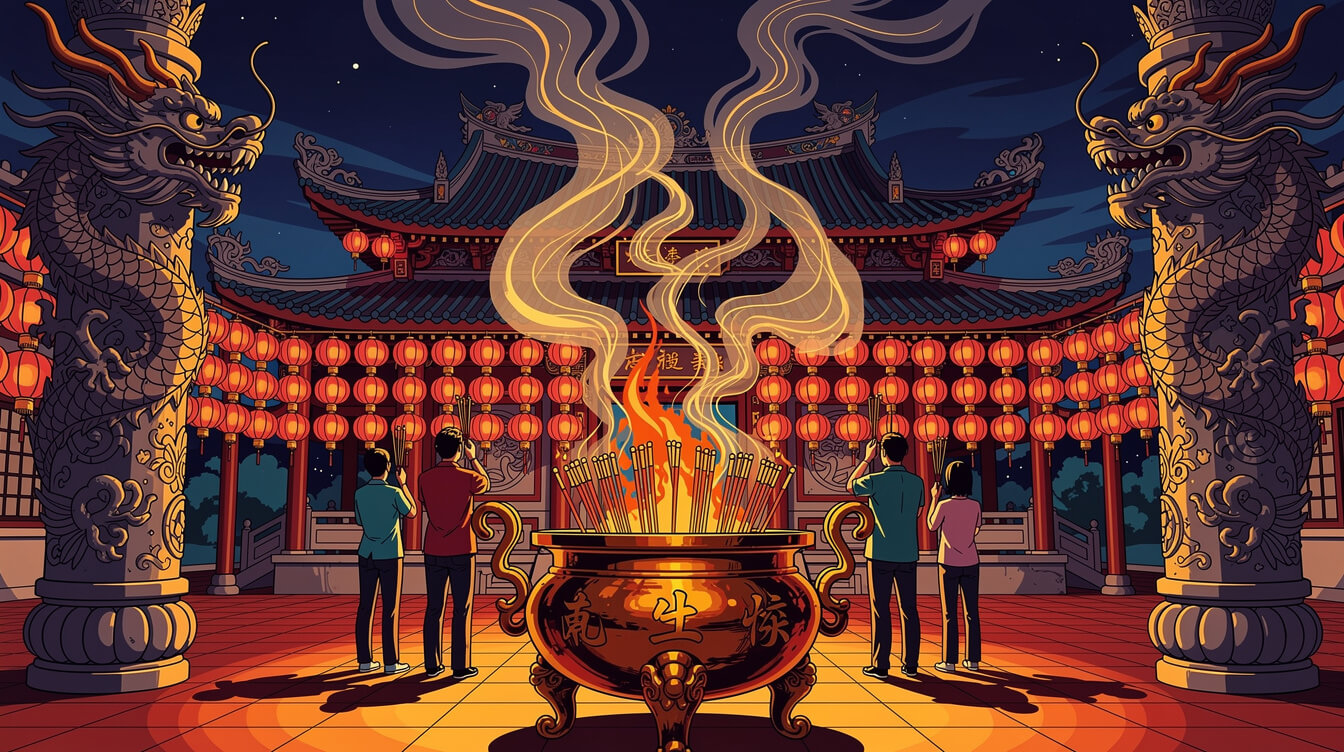 午夜時分，信徒們在台灣一座寺廟裡，手持香爐，對著閃閃發光的青銅香爐焚香。