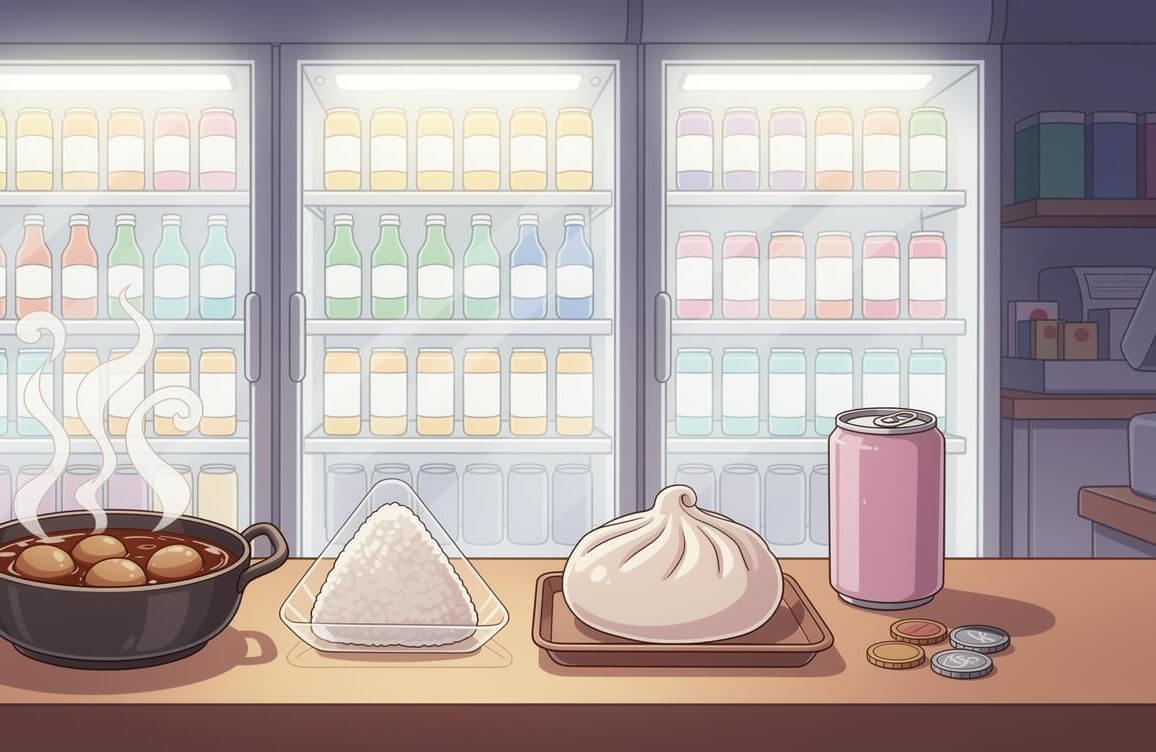 Tea eggs, a rice ball and a steamed bun on a Taiwanese convenience store counter