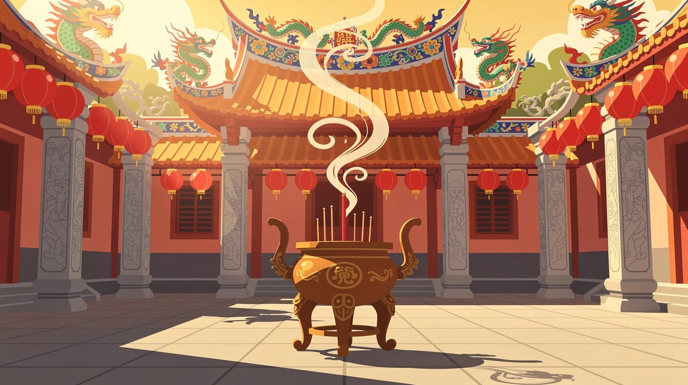 Courtyard of a Taiwanese folk temple with red lanterns and an incense burner
