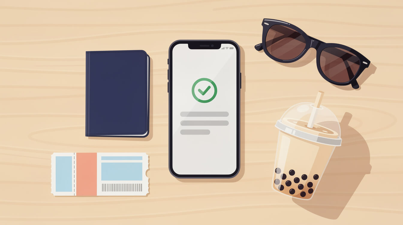Passport, phone with an online arrival form and boarding pass laid out before a trip to Taiwan or Thailand