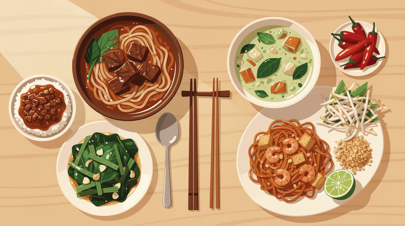 Taiwanese beef noodle soup and braised pork rice next to Thai green curry and pad thai