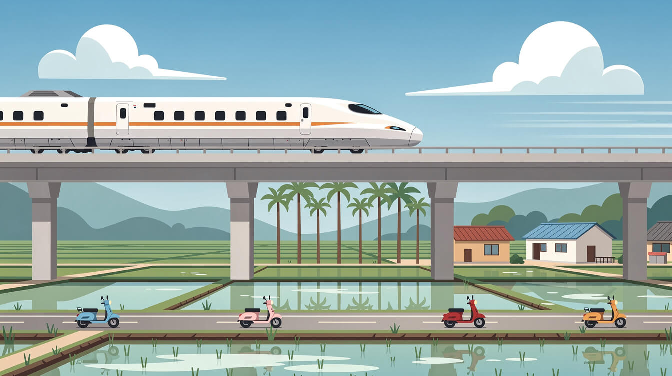 Taiwan high-speed rail train crossing a viaduct over rice paddies