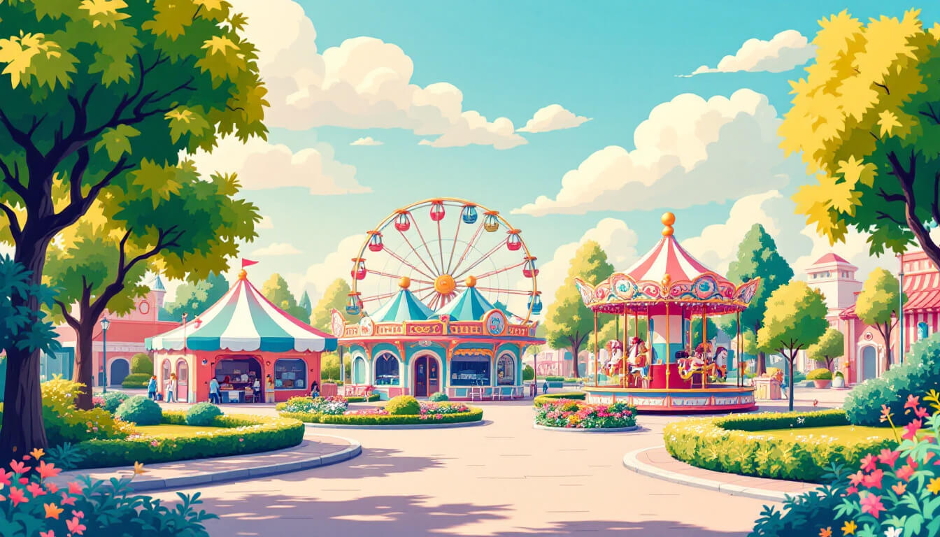 A pastel amusement park plaza with a ferris wheel and carousel