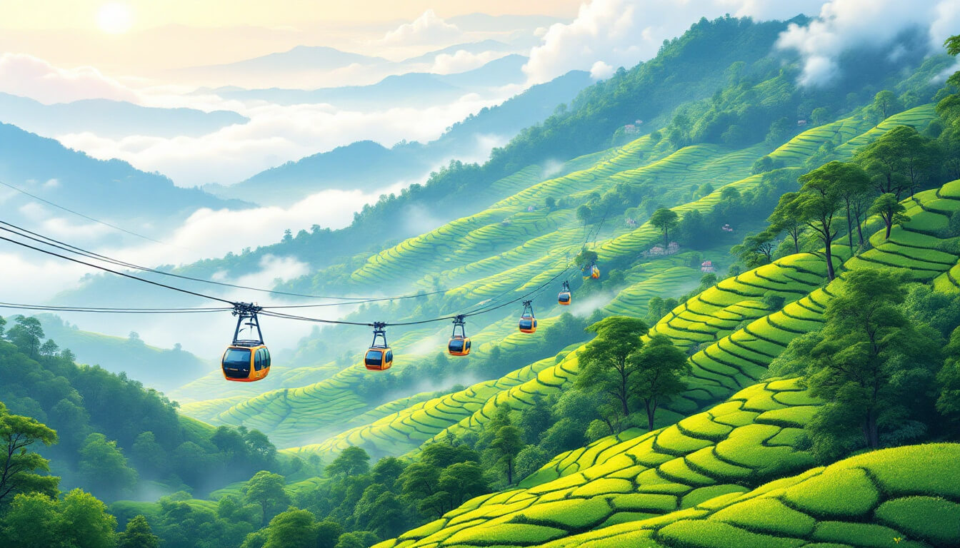 Cable car cabins crossing misty tea-terraced hills