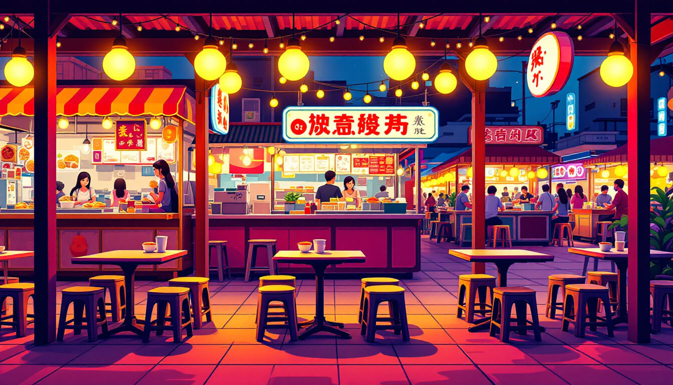 Empty stools and tables in a covered seating area at a Taiwanese night market