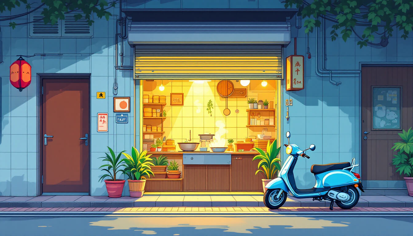 A quiet Taipei lane at early morning with a breakfast shop opening