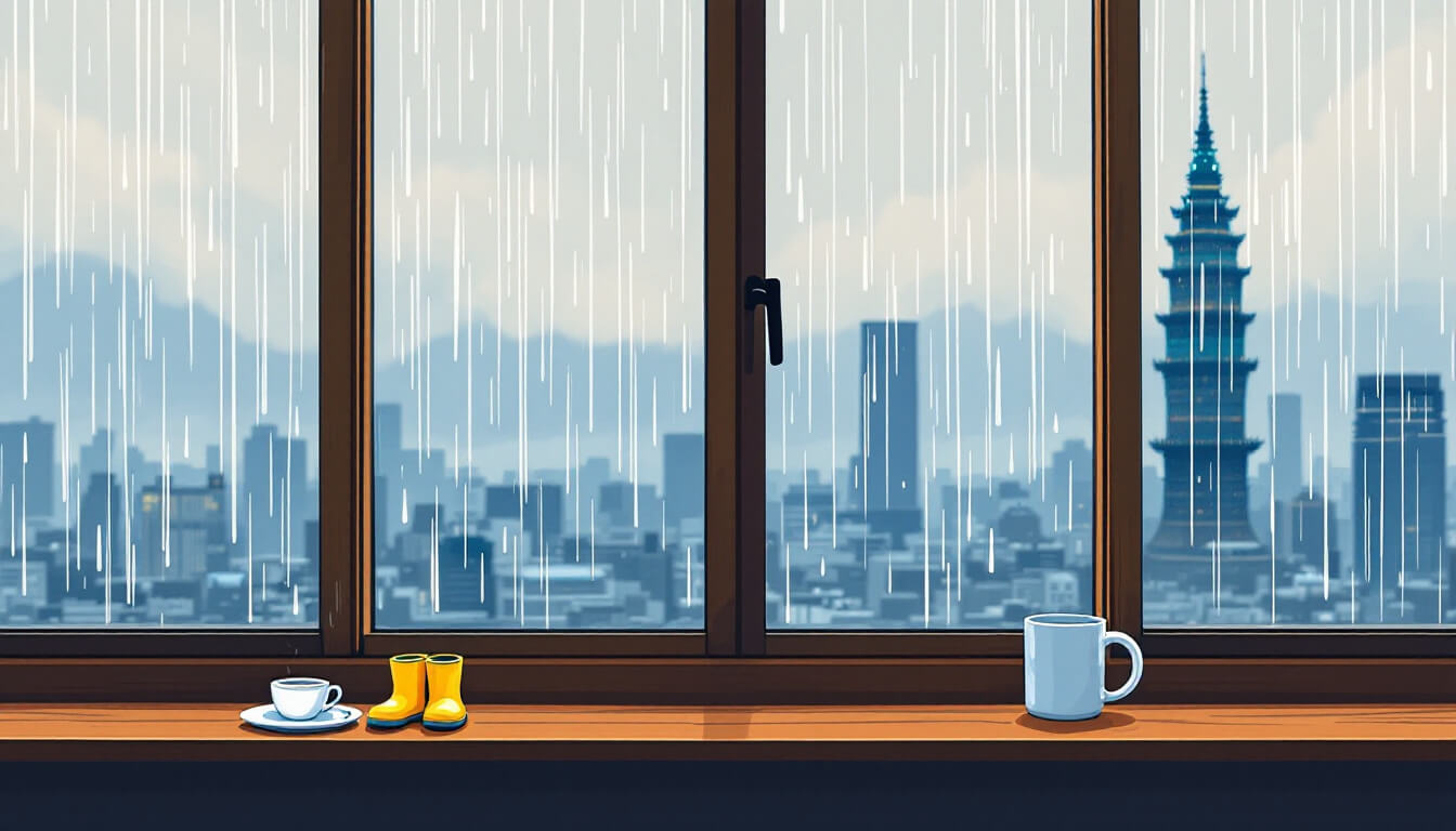 Rain running down a window with a blurred Taipei cityscape beyond