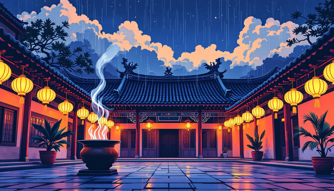 黃昏時的台灣寺廟庭院，素食文化的宗教根源