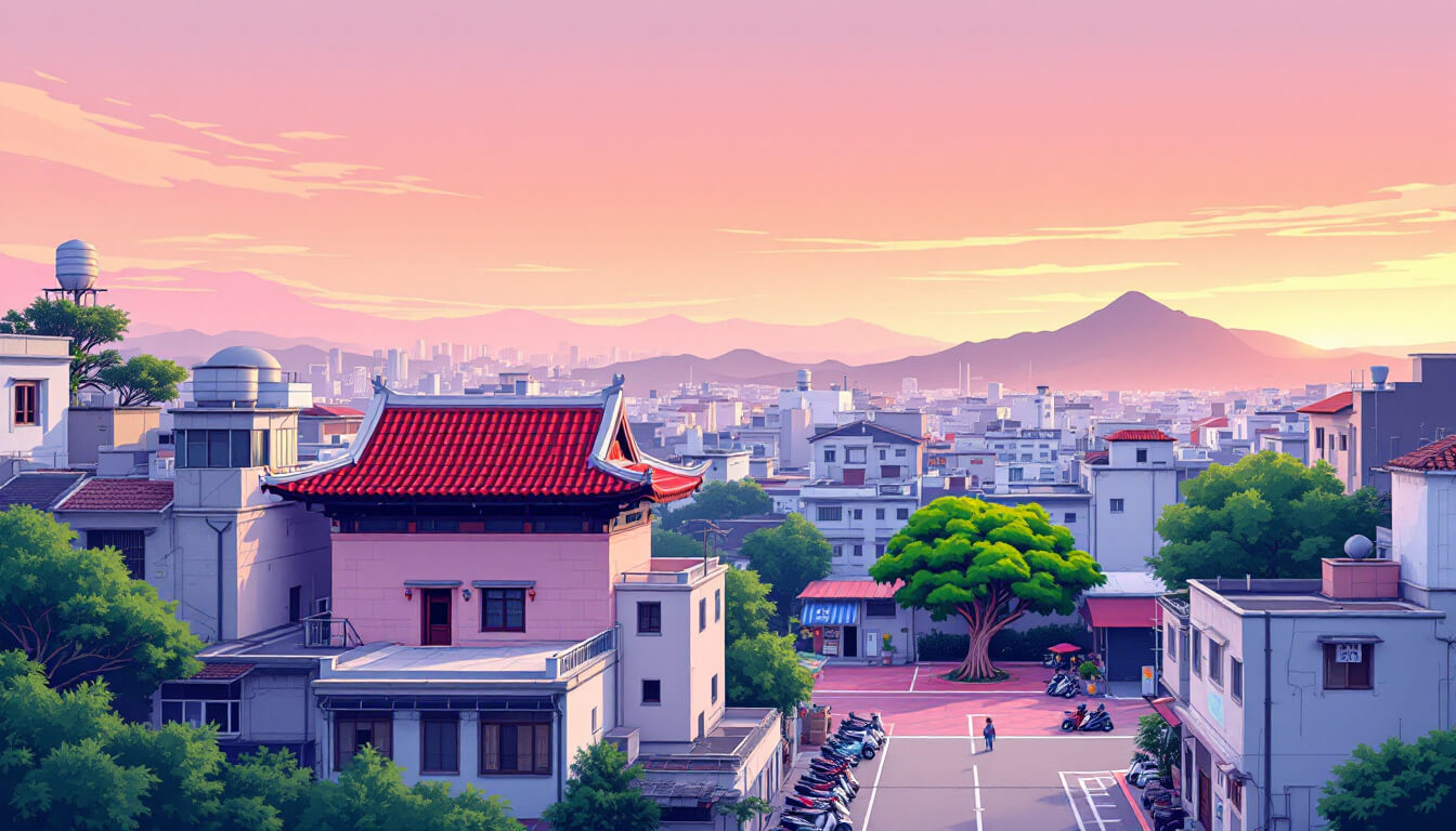 台灣城市街區，屋頂為寺廟風格，素食餐廳林立。