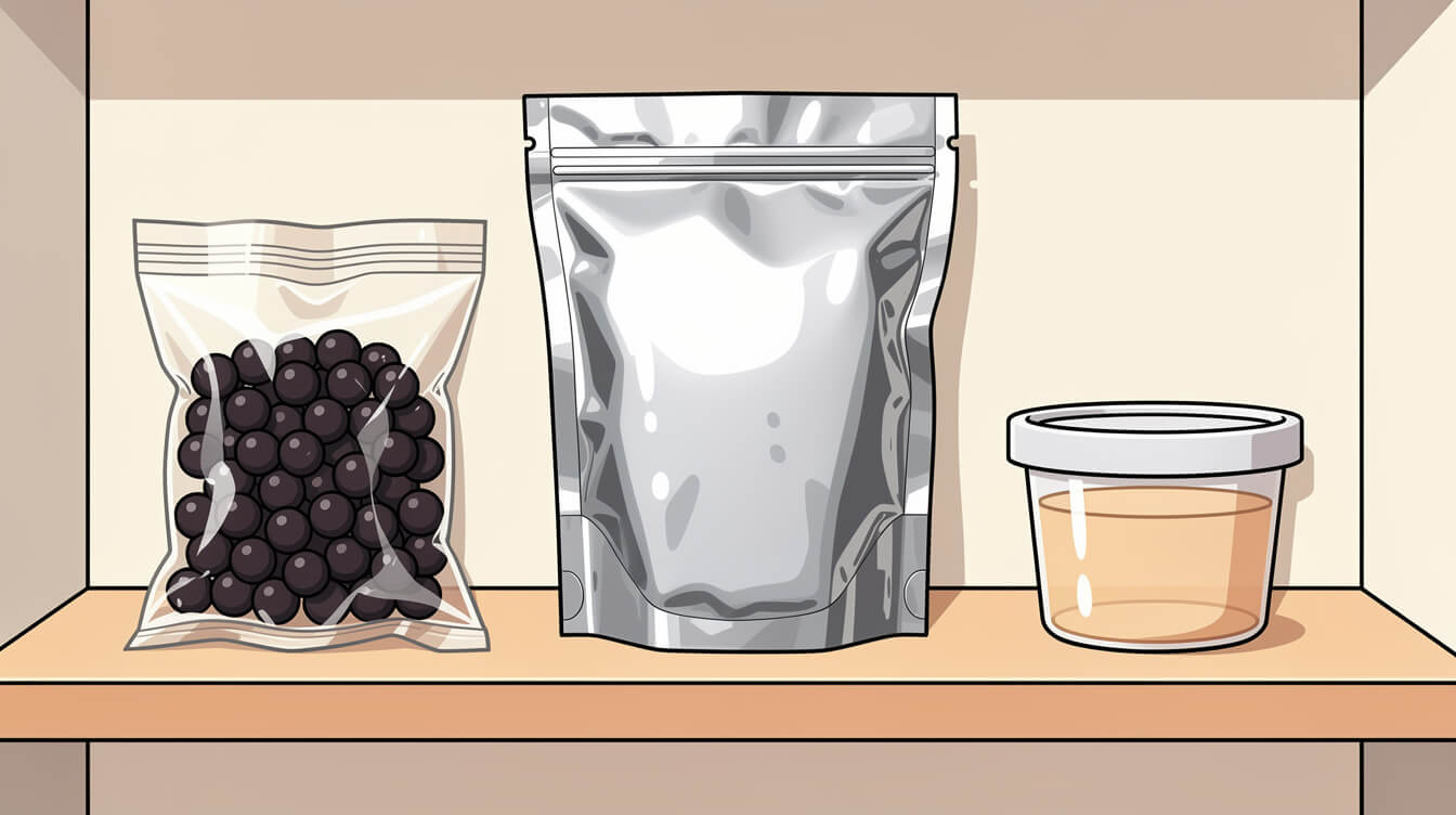 架子上放著一袋乾珍珠、一個錫箔袋和一杯密封的即溶珍珠奶茶。