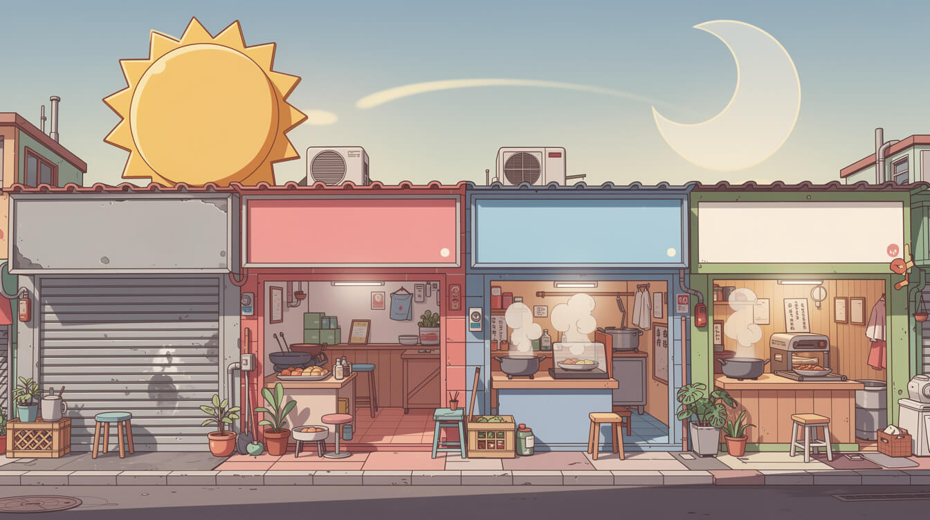 Illustration of shops on Yongkang Street with some shutters down and some open, showing staggered opening hours