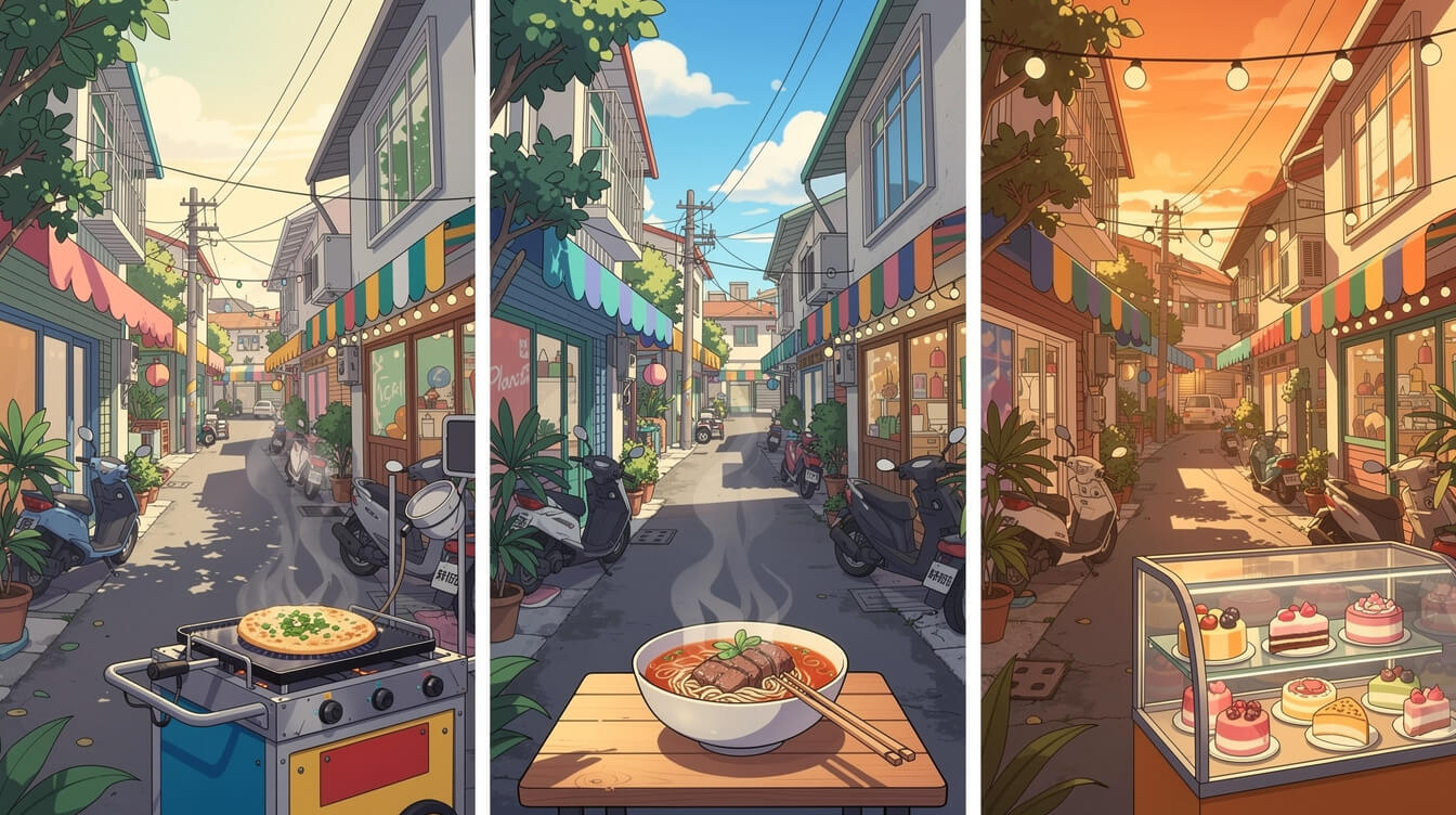 Morning, midday and evening versions of a Yongkang Street lane: scallion pancake, beef noodles and dessert