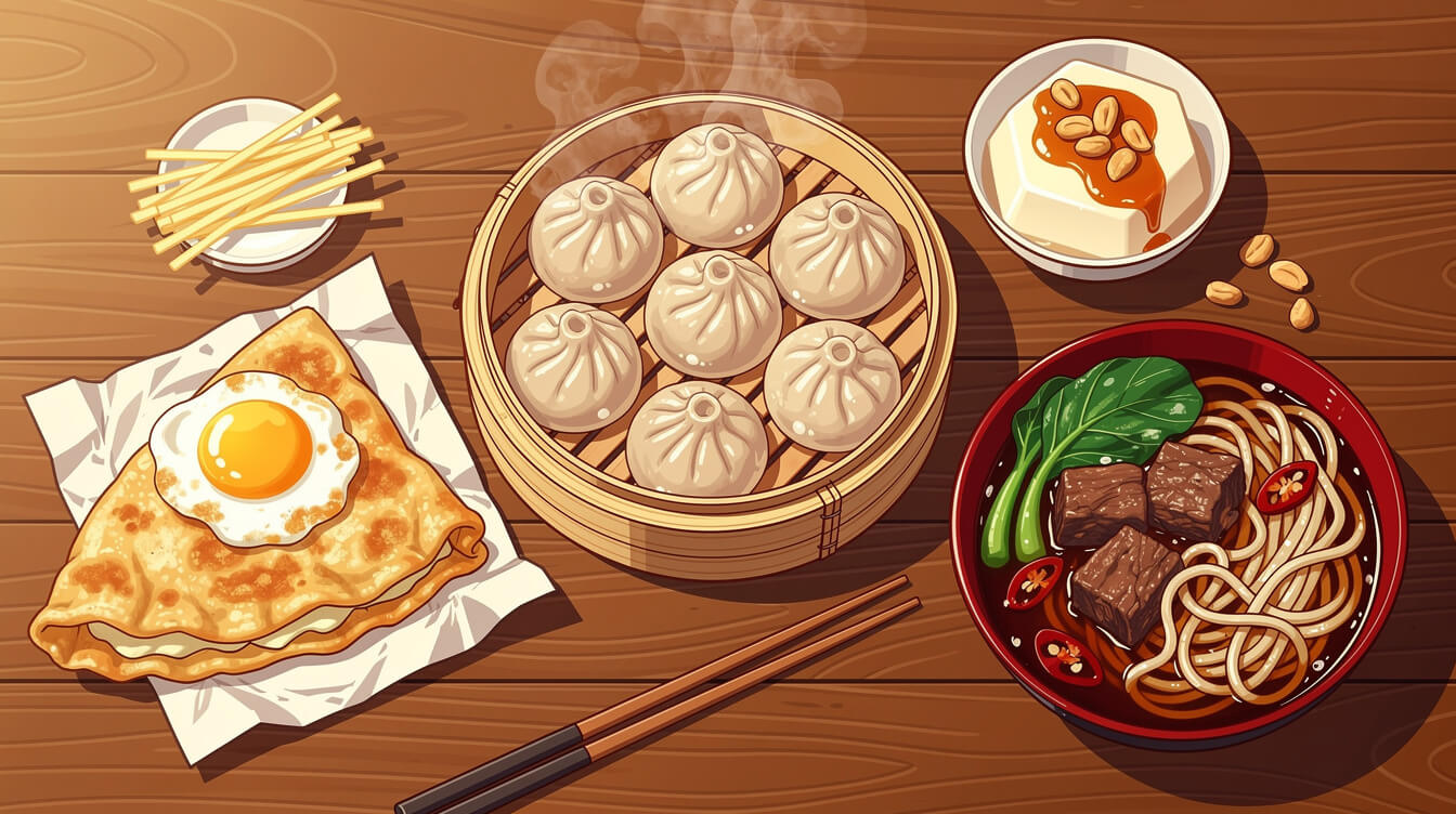 Yongkang Street food flat-lay: scallion pancake with egg, xiaolongbao, beef noodle soup and tofu pudding