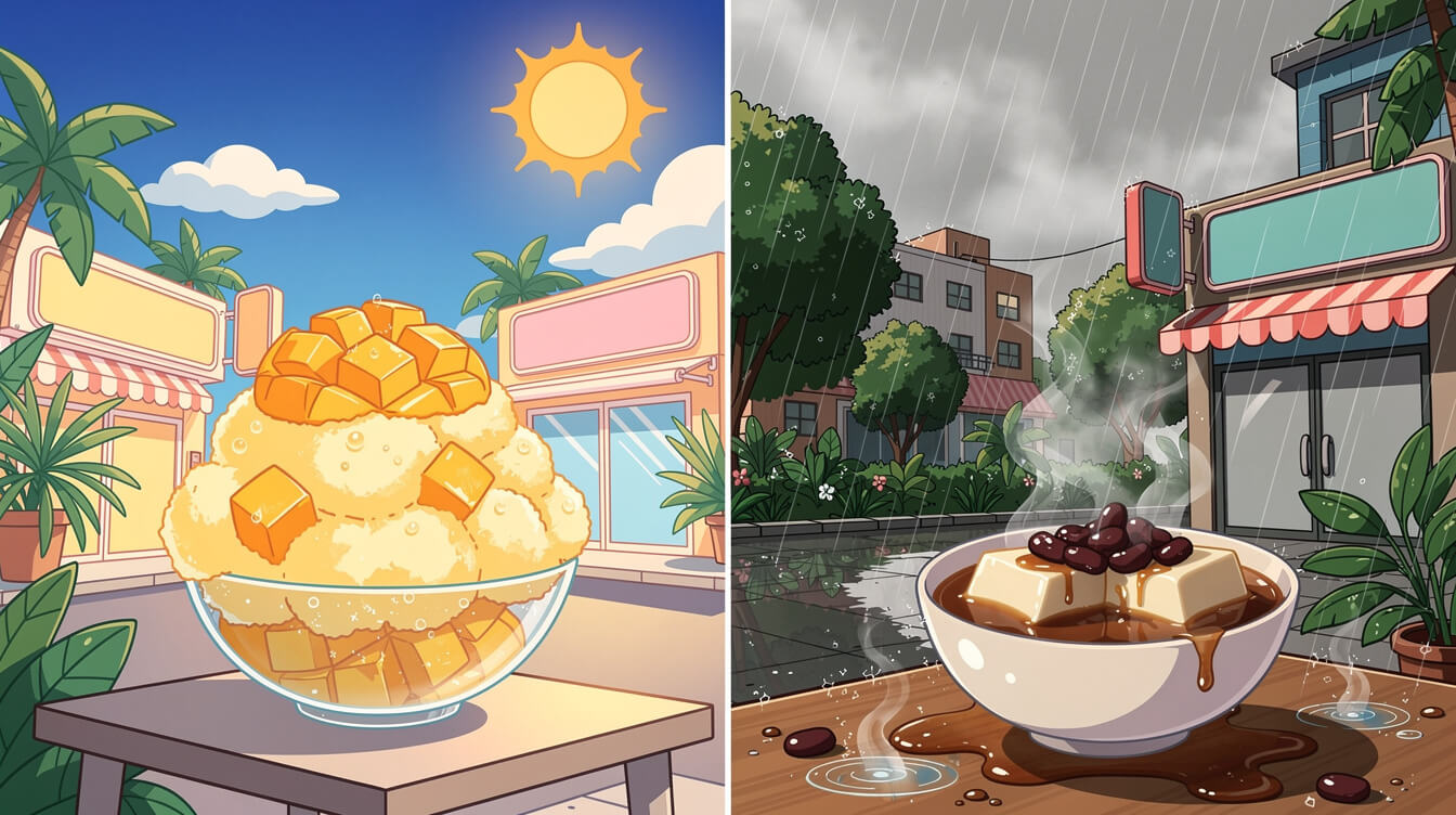Mango shaved ice in summer versus warm tofu pudding on a rainy Taipei winter day