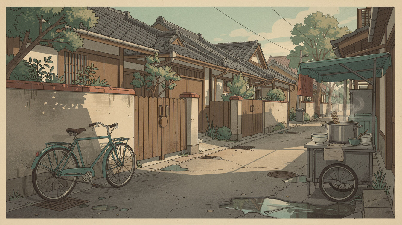 Retro illustration of a 1950s Taipei lane with Japanese-era wooden houses and a noodle cart