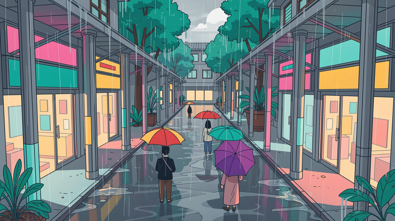 Rainy afternoon on a Taipei lane with covered arcade walkways and umbrellas